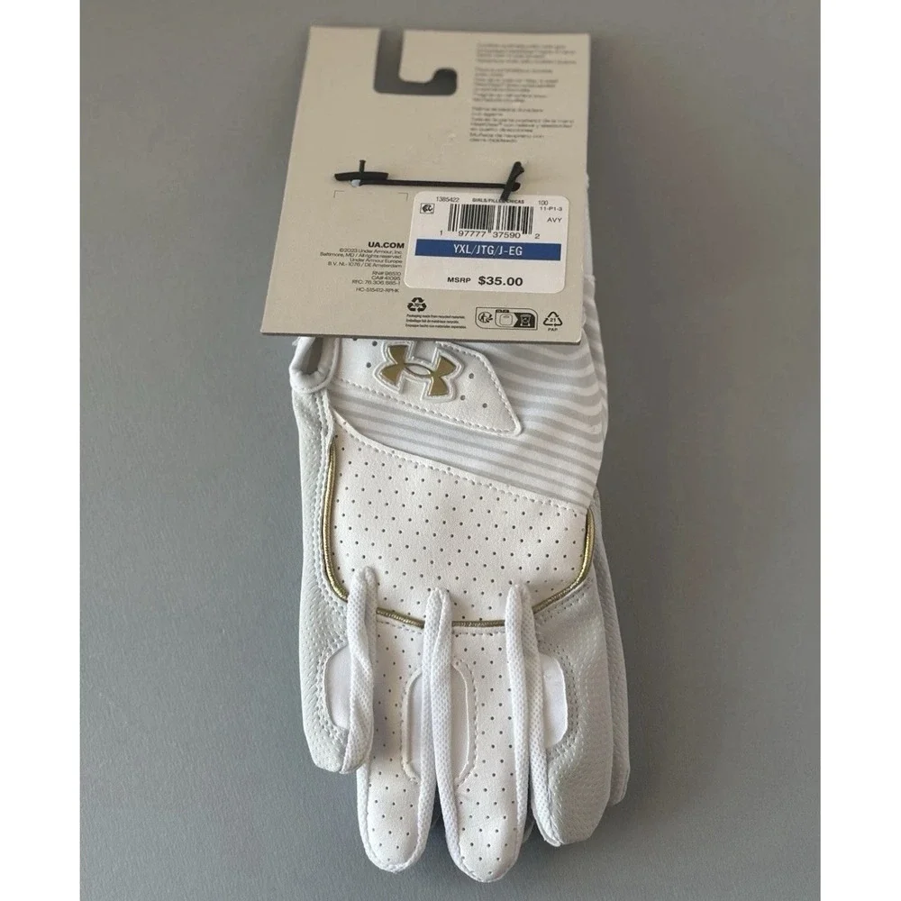 UNDER ARMOUR UA Harper Batting Gloves Youth Sz XL (MSRP $35) White Gold NWT